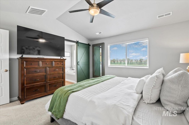 1499 W Blue Downs St, Meridian, ID 83642 - bedroom featuring light carpet, lofted ceiling, a barn door, ceiling fan, and ensuite bath