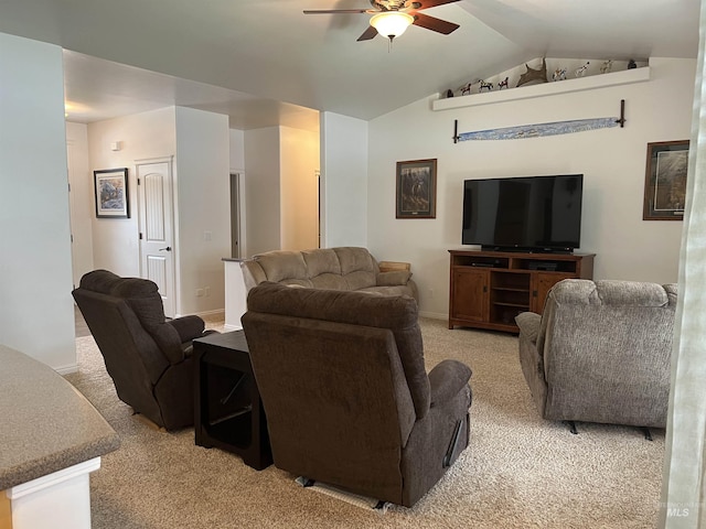 554 Valley Circle Rd, Hagerman, ID 83332 - living room with a ceiling fan, light carpet, vaulted ceiling, and baseboards