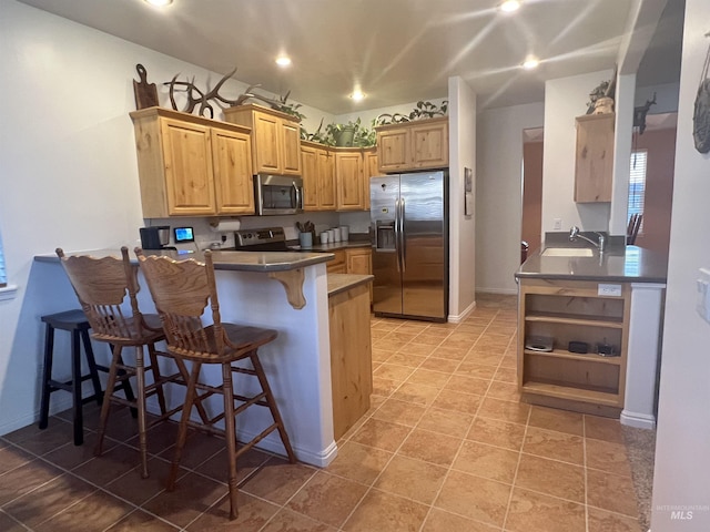 554 Valley Circle Rd, Hagerman, ID 83332 - kitchen with appliances with stainless steel finishes, a peninsula, open shelves, a sink, and a breakfast bar