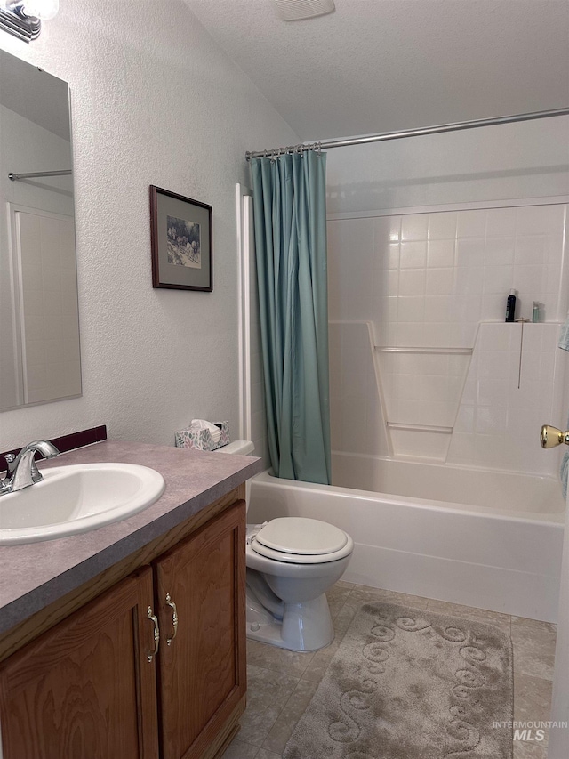 17121 Basey St, Murphy, ID 83650 - bathroom with vanity, toilet, shower / bathtub combination with curtain, tile patterned flooring, and a textured wall