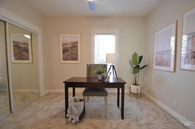 office space featuring ceiling fan, baseboards, and carpet