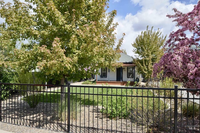 view of front of house featuring a fenced front yard, covered porch, and a front yard