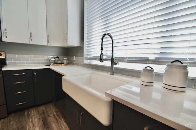kitchen featuring a sink, dark cabinets, white cabinetry, decorative backsplash, and dark wood-type flooring