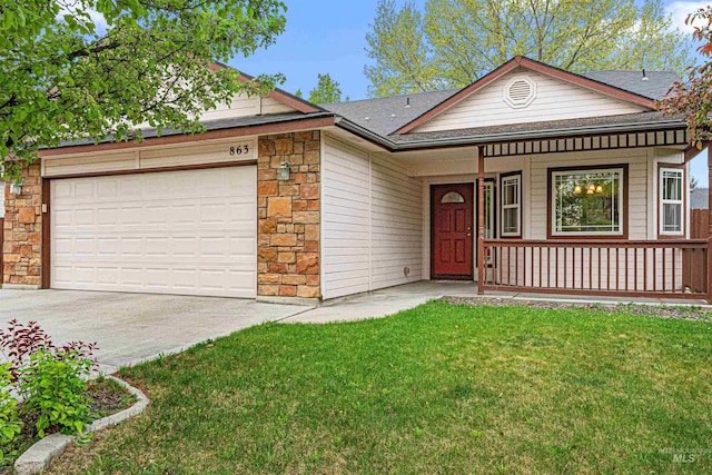 ranch-style house with a porch, a shingled roof, a front lawn, and stone siding