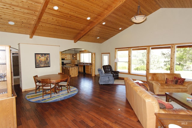 19801 Pinehaven Ln, Lenore, ID 83541 - living area with arched walkways, high vaulted ceiling, dark wood-type flooring, and a wooden ceiling with exposed beams