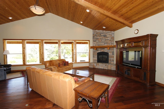 19801 Pinehaven Ln, Lenore, ID 83541 - living area with a fireplace, hardwood / wood-style flooring, wood ceiling, recessed lighting, and high vaulted ceiling