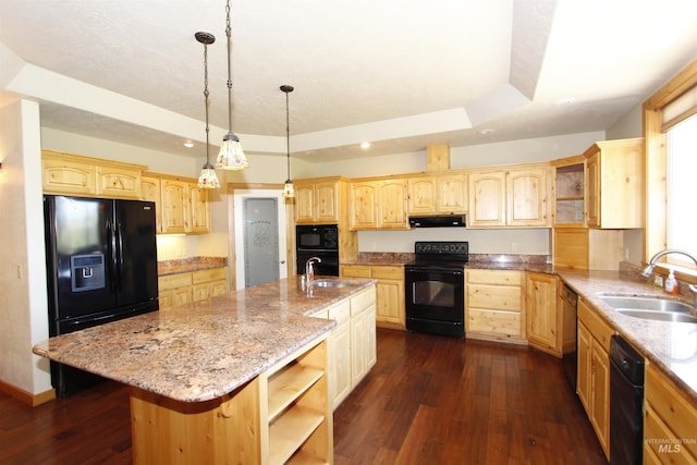 19801 Pinehaven Ln, Lenore, ID 83541 - kitchen featuring black appliances, light brown cabinets, dark wood-style floors, and recessed lighting
