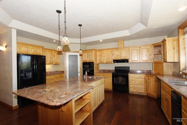 19801 Pinehaven Ln, Lenore, ID 83541 - kitchen featuring black appliances, open shelves, ventilation hood, dark wood-style flooring, and recessed lighting