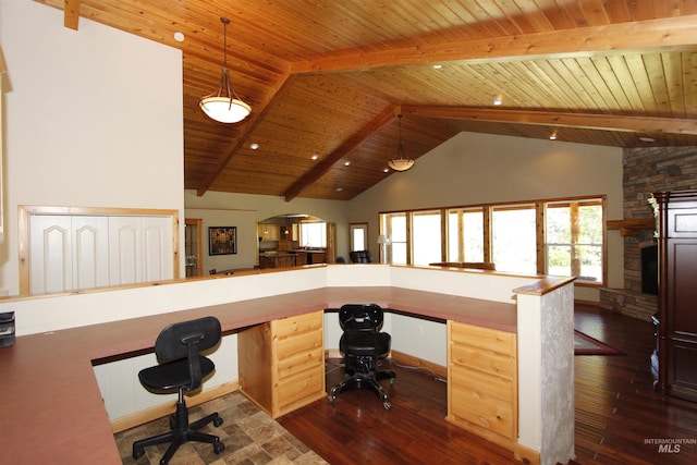 19801 Pinehaven Ln, Lenore, ID 83541 - office area with built in desk, arched walkways, a wooden ceiling with exposed beams, plenty of natural light, and dark wood finished floors