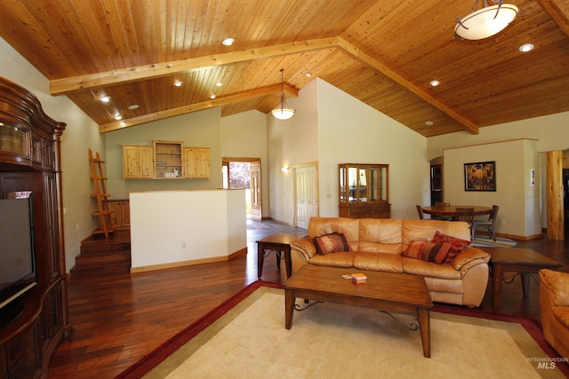 19801 Pinehaven Ln, Lenore, ID 83541 - living area featuring wood finished floors, a wood ceiling with exposed beams, recessed lighting, and high vaulted ceiling