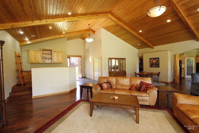 19801 Pinehaven Ln, Lenore, ID 83541 - living area with wood finished floors, a wooden ceiling with exposed beams, recessed lighting, and high vaulted ceiling