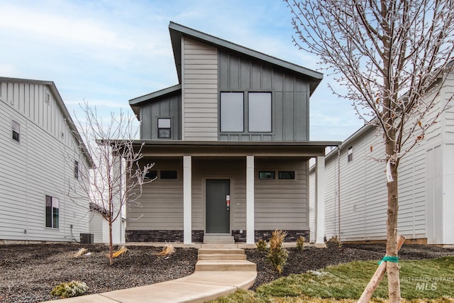 3604 W Meadowpine St, Meridian, ID 83642 - contemporary house featuring board and batten siding, a shingled roof, and covered porch
