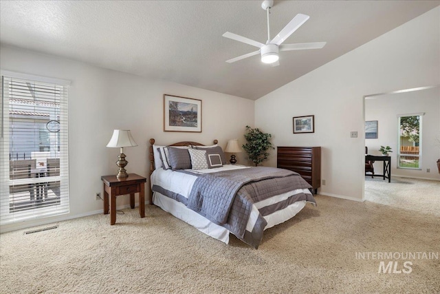 255 Los Lagos, Twin Falls, ID 83301 - bedroom featuring carpet, baseboards, high vaulted ceiling, and a ceiling fan