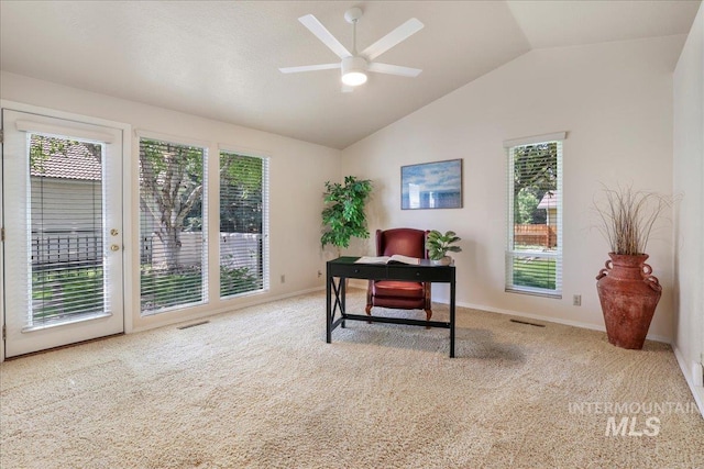 255 Los Lagos, Twin Falls, ID 83301 - carpeted office space featuring lofted ceiling, healthy amount of natural light, a ceiling fan, and baseboards