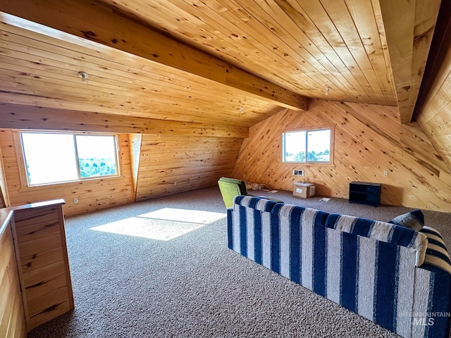 bonus room featuring carpet flooring, wood ceiling, lofted ceiling with beams, and wood walls