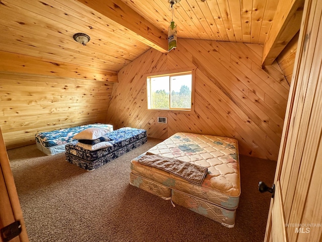 carpeted bedroom with wood ceiling, wood walls, and beamed ceiling