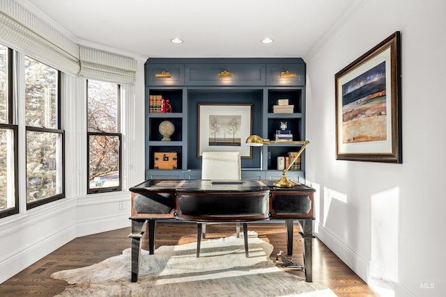 office space with recessed lighting, baseboards, and dark wood-style flooring