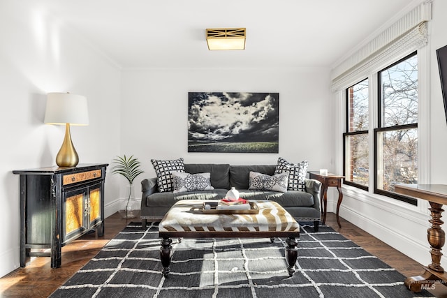 living area with dark wood finished floors, baseboards, and ornamental molding