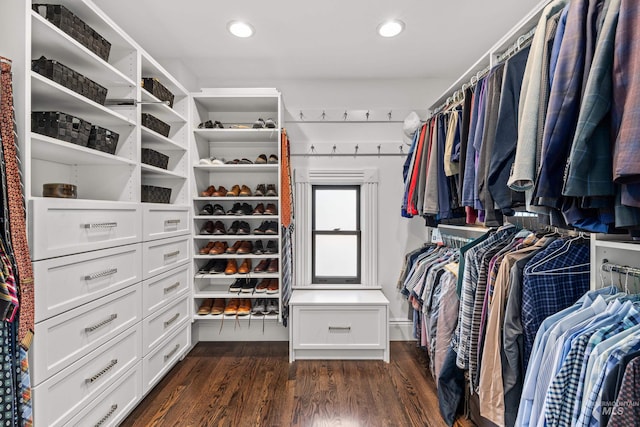 walk in closet featuring dark wood-style flooring