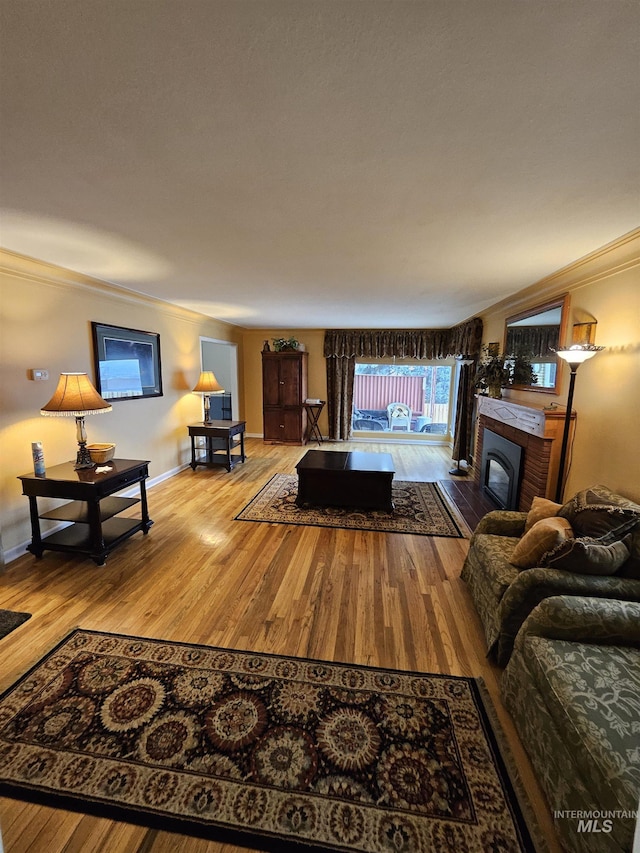 living room with hardwood / wood-style flooring, crown molding, and a fireplace