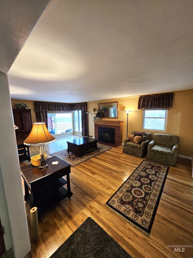 living room with hardwood / wood-style floors, plenty of natural light, and a fireplace