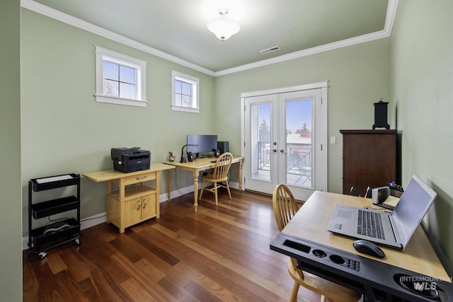 office featuring ornamental molding, french doors, visible vents, and dark wood finished floors