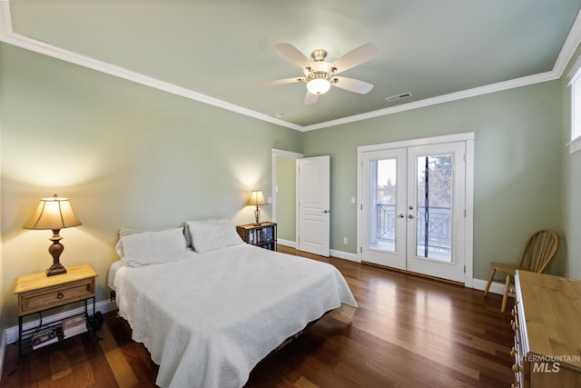 bedroom with access to exterior, french doors, visible vents, ornamental molding, and wood finished floors