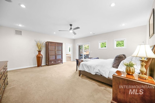 bedroom featuring ceiling fan, visible vents, baseboards, light carpet, and recessed lighting