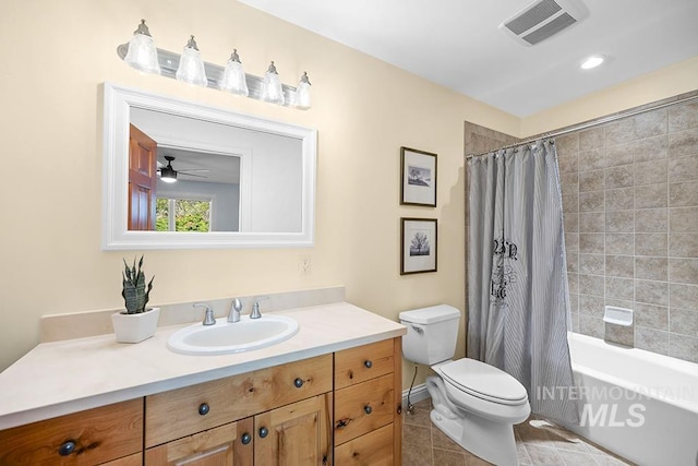 bathroom with tile patterned flooring, vanity, toilet, shower / bathtub combination with curtain, and visible vents