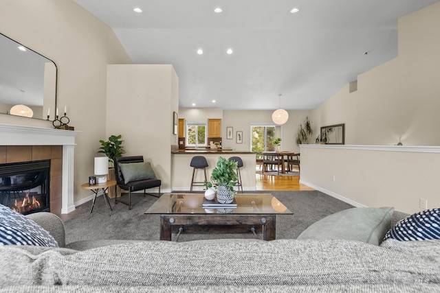5873 N Collister Dr, Boise, ID 83703 - living room with recessed lighting, a fireplace, and baseboards