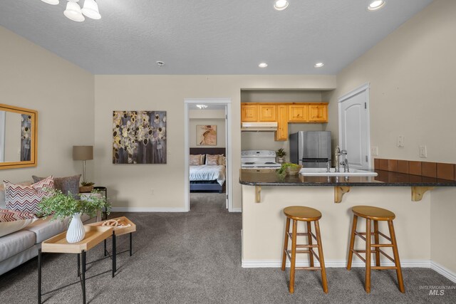 5873 N Collister Dr, Boise, ID 83703 - kitchen with freestanding refrigerator, under cabinet range hood, dark carpet, a kitchen bar, and white electric range