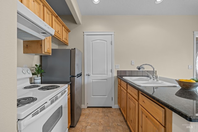 5873 N Collister Dr, Boise, ID 83703 - kitchen featuring white range with electric cooktop, under cabinet range hood, a sink, and light stone finish floors