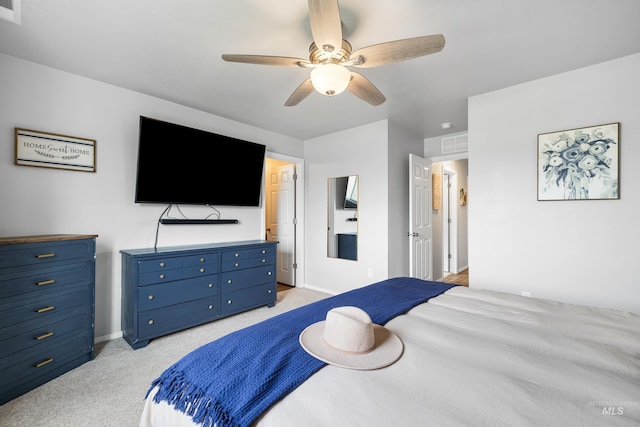 bedroom featuring baseboards, light carpet, and ceiling fan