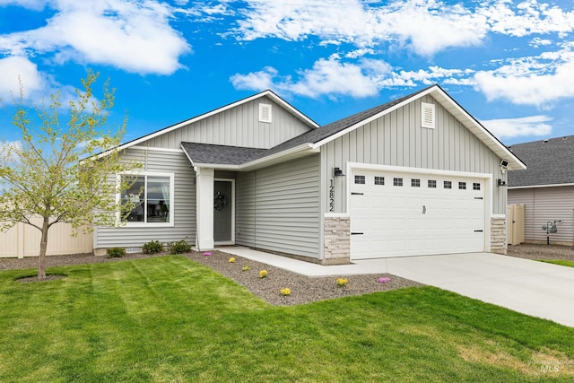view of front facade featuring a garage, a front lawn, a shingled roof, board and batten siding, and concrete driveway