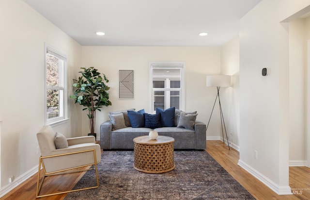 living area featuring recessed lighting, baseboards, and wood finished floors