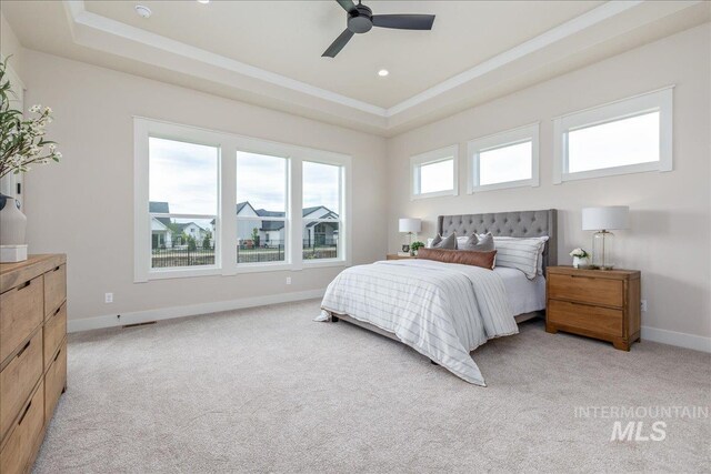 6201 W Redland Dr, Eagle, ID 83616 - bedroom featuring a tray ceiling, light colored carpet, and baseboards