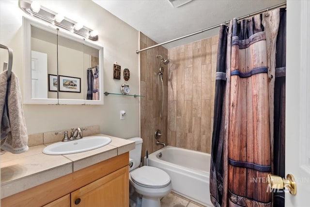 bathroom with vanity, shower / bath combination with curtain, and toilet