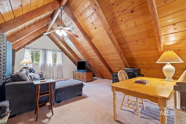 office space featuring lofted ceiling with beams, light carpet, and wood ceiling