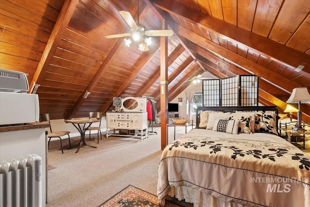 bedroom with carpet, radiator, lofted ceiling with beams, and wood ceiling