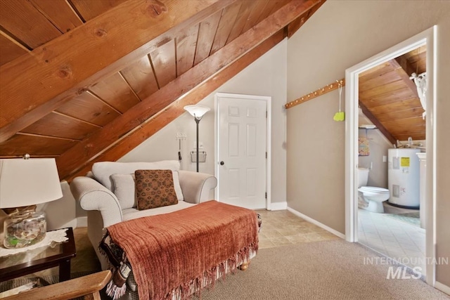 bedroom with light carpet, water heater, baseboards, wooden ceiling, and vaulted ceiling