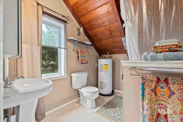bathroom featuring toilet, water heater, baseboards, wooden ceiling, and vaulted ceiling