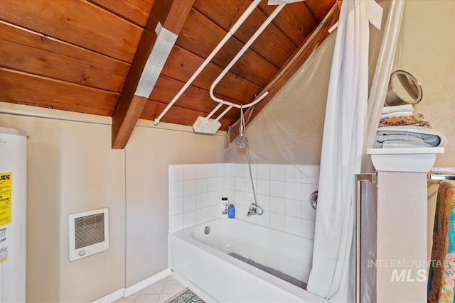 bathroom featuring wood ceiling, visible vents, beamed ceiling, water heater, and heating unit