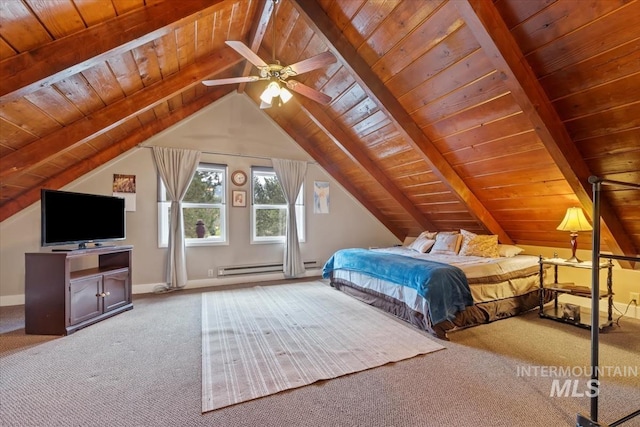carpeted bedroom featuring wood ceiling, baseboards, and vaulted ceiling