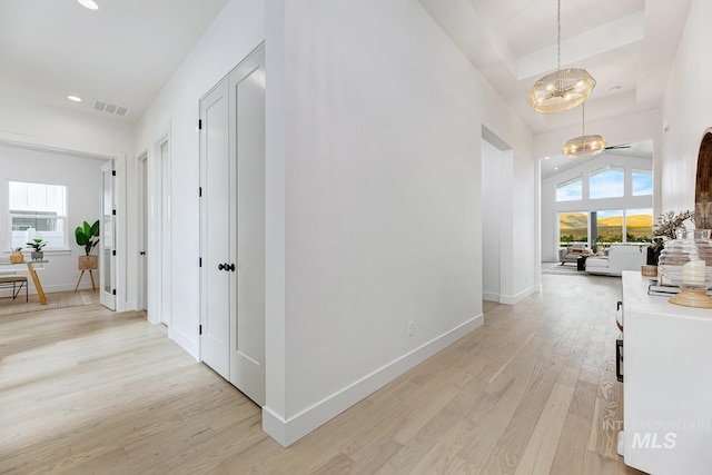 hallway with baseboards, visible vents, a healthy amount of sunlight, and light wood finished floors
