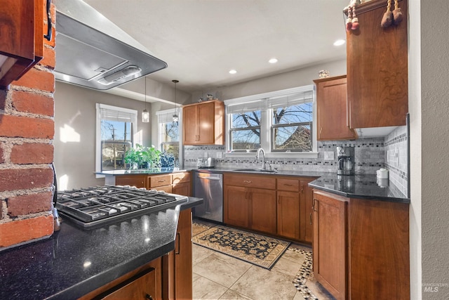 kitchen featuring brown cabinets, backsplash, a sink, dishwasher, and extractor fan