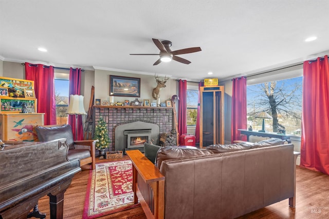 living room featuring wood finished floors, a wealth of natural light, and crown molding