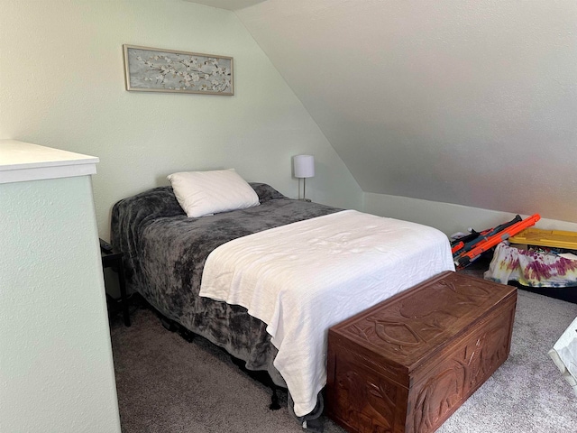 bedroom featuring carpet flooring and vaulted ceiling