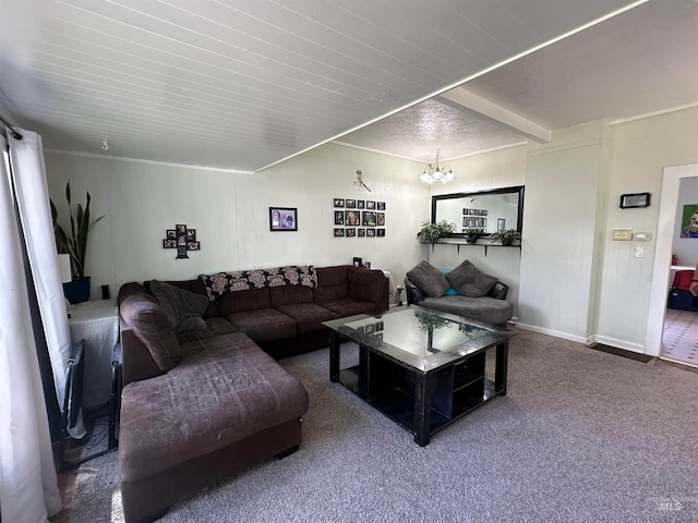 living room featuring beam ceiling, a notable chandelier, and carpet floors