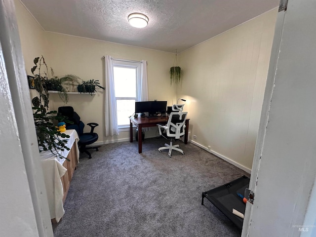 carpeted home office with a textured ceiling