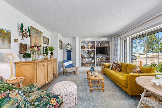 living area with a textured ceiling and built in shelves